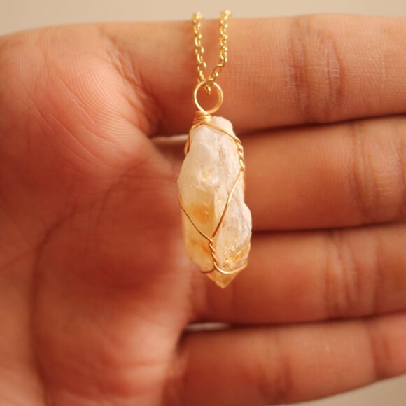 New Natural Citrine Wrapped Pendant Gold Chain Necklace - Picture 4 of 4
